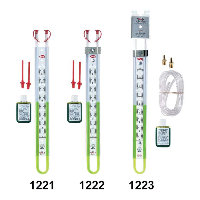 Manómetro de tubo en U, rango de 4-0-4" columna de agua, requiere 6.3 oz (178.5) de mercurio para llenarse.