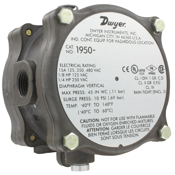 Interruptor de presión diferencial, rango de 4-25 psid, banda muerta aproximada en punto de ajuste mínimo de 0.7, banda muerta aproximada en punto de ajuste máximo de 0.7.