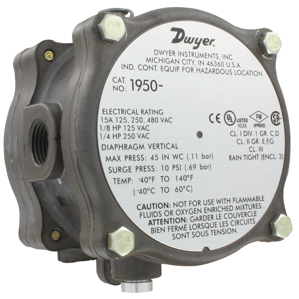 Interruptor de presión diferencial, rango de 0.5-2 psid, banda muerta aproximada en punto de ajuste mínimo de 0.3, banda muerta aproximada en punto de ajuste máximo de 0.3.