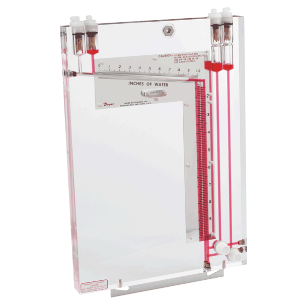 Manómetro inclinado/vertical, rango inclinado: 0-1.0" columna de agua, divisiones menores de 0.01, escala de 6 1/2"; rango vertical de 1.1-10" columna de agua, divisiones menores de 0.10, escala de 10 1/8".