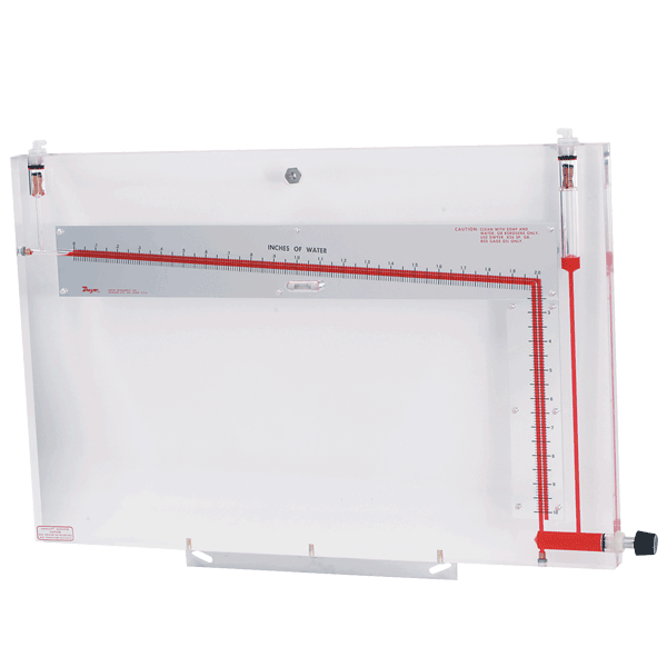 Manómetro inclinado/vertical, rango inclinado: 0-2.2" columna de agua, divisiones menores de 0.02, escala de 6 1/8"; rango vertical de 2.4-23" columna de agua, divisiones menores de 0.20, escala de 10 1/4".