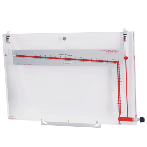 Manómetro inclinado/vertical, rango inclinado: 0-2.0" columna de agua, divisiones menores de 0.01, escala de 20"; rango vertical de 2.1-10" columna de agua, divisiones menores de 0.10, escala de 9".