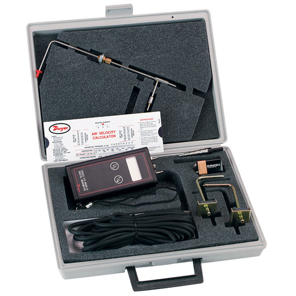 Kit de velocidad de aire, rango de 0-20.00" columna de agua (4.982 kPa), presión máxima de 10 psig, el kit incluye puntas de presión estática, manguera de goma, tubo de Pitot, taladro a pasos, tabla de cálculo de velocidad de aire y estuche de transporte.
