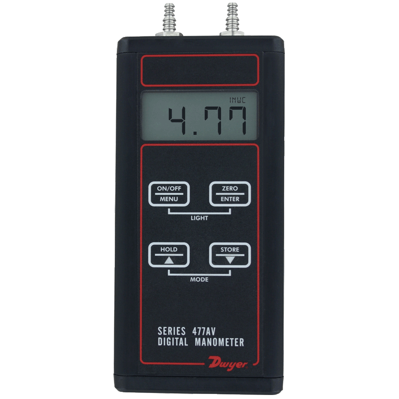 Manómetro digital, margen de 0-1.00" de columna de agua, modos de velocidad y flujo de aire.