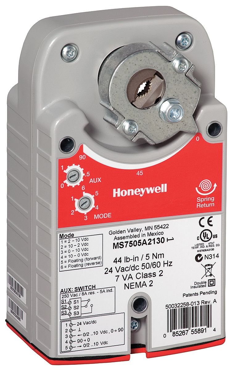 Damper Actuator, Spring Return, 44 Lb-In (5 Nm), Two Position Control, 1 Internal Auxiliary Switch, 24 Vac/Dc, 50/60 H