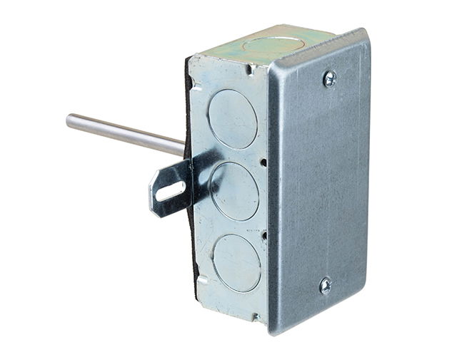 Duct Temperature Sensor - Rigid, 1K-Balco Nickel RTD, Resistance Output, 12 in. Stainless Steel Probe, Galvanized Steel Enclosure, No NIST Certification, 5 Year Limited Warranty