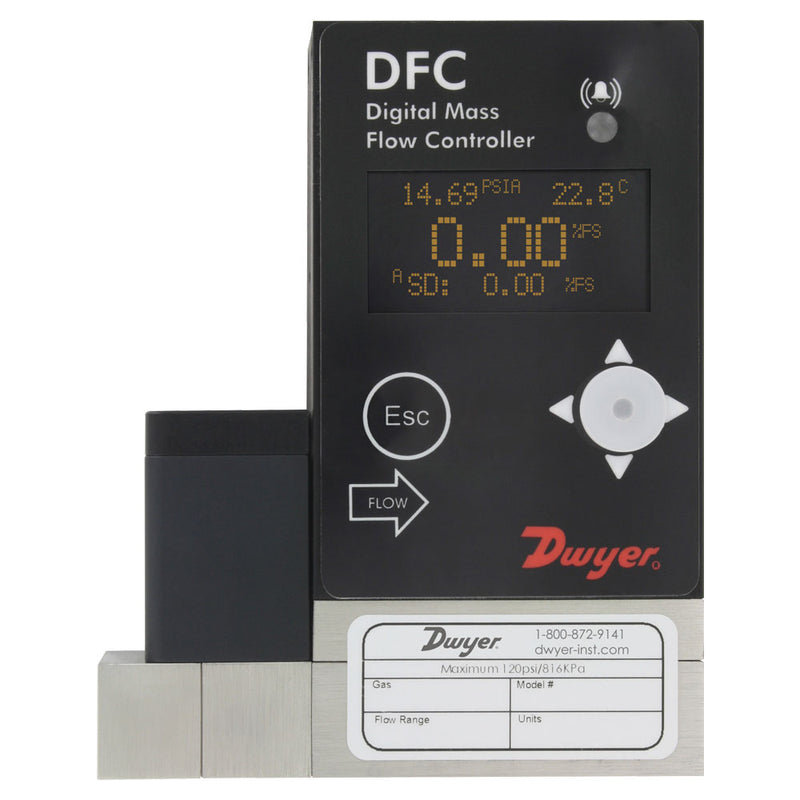 Digital flow controller, 0-100 l/min with LED display, 3/8" compression fittings, 0-5 VDC output, RS-232 digital interface, (RS-485)selectable.