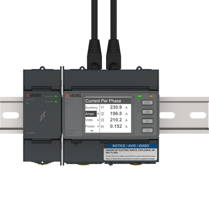 Advanced Power Meter (E71 Meter), +/-0.5% Accuracy, 24 VDC, BACnet/IP, Modbus TCP, LCD Display, 90..600 VAC, DIN Rail Mount, Compatible With Veris Rogowski Coils