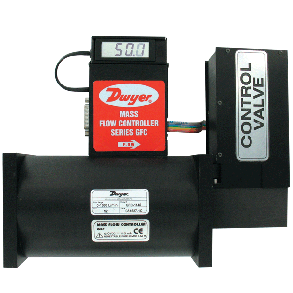 Controlador de flujo de masa de gas, rango de 0-100 LPM. El rango de flujo especificado es para un flujo de nitrógeno equivalente a 70 °F (21 °C) y 760 mm Hg, conector de compresión de 3/8".