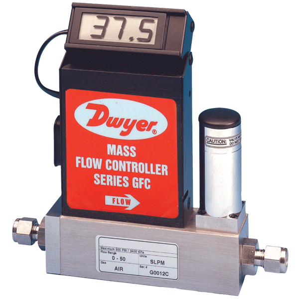 Controlador de flujo de masa de gas, rango de 0-500 LPM. El rango de flujo especificado es para un flujo de nitrógeno equivalente a 70 °F (21 °C) y 760 mm Hg, conector de compresión de 1/2".