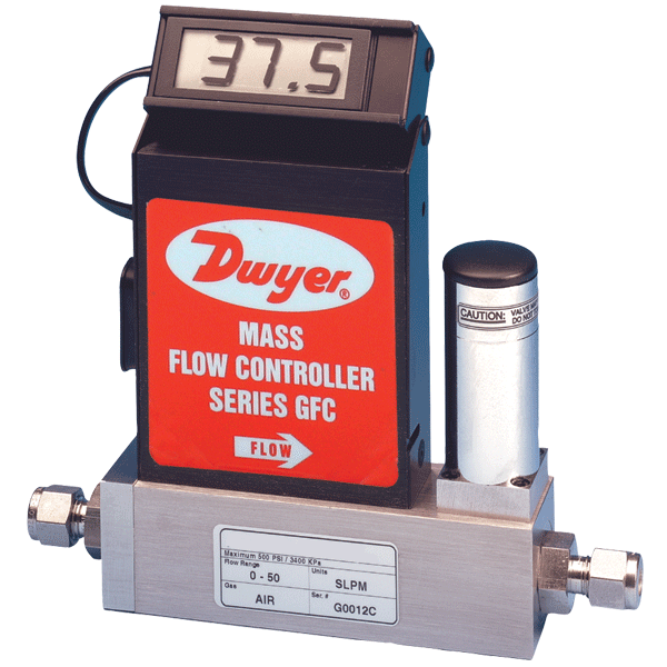 Controlador de flujo de masa de gas, rango de 0-1000 mL/m. El rango de flujo especificado es para un flujo de nitrógeno equivalente a 70 °F (21 °C) y 760 mm Hg, conector de compresión de 1/4".