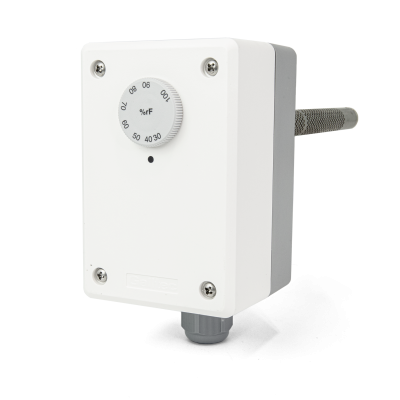 Humidistat, Duct Mount, 0..100% RH, ± 3.0..3.5% RH Accuracy, External Setpoint Dial, SPDT, NEMA 13, 8.594" Probe