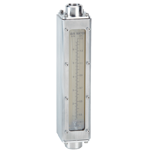 Medidor de flujo industrial de lectura directa, caudal máximo de 0.36 GPM (1.3 LPM) de agua, 1.7 SCFM (50 LPM) de aire, caída de presión de 2" columna de agua, NPT hembra de 1/2".