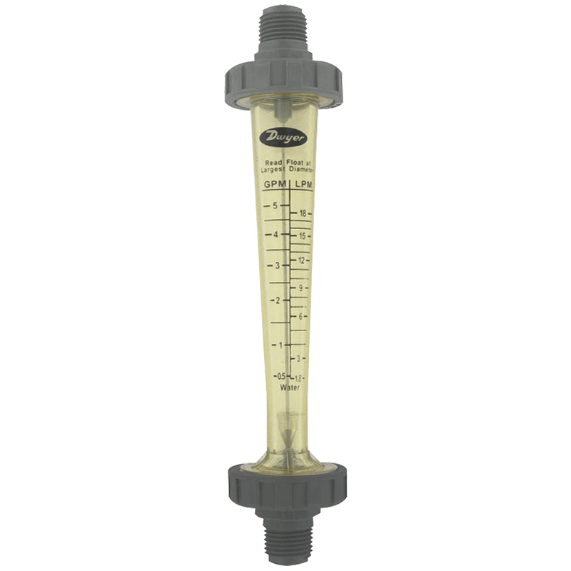 Medidor de flujo de policarbonato, rango de 0.2-2 GPM (1-7 LPM) de agua, NPT macho de 1/2", flotador de acero inoxidable 316.