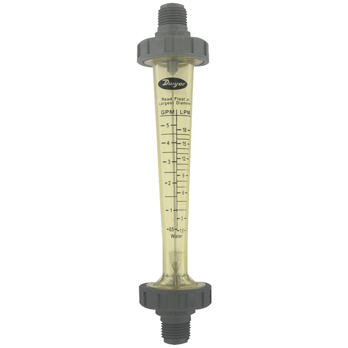 Medidor de flujo de policarbonato, rango de 0.2-2 GPM (1-7 LPM) de agua, NPT macho de 1/2", flotador de acero inoxidable 316.