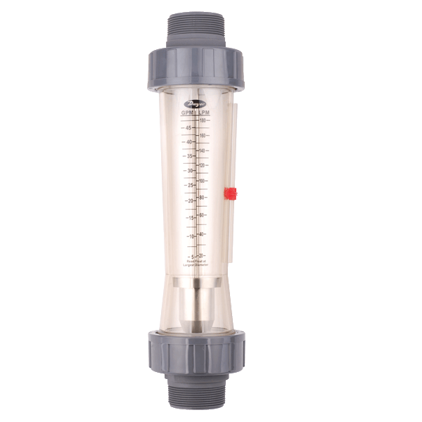 Medidor de flujo de policarbonato, rango de 2.5-25 GPM (10-100 LPM) de agua, NPT macho de 2", flotador de acero inoxidable 316.