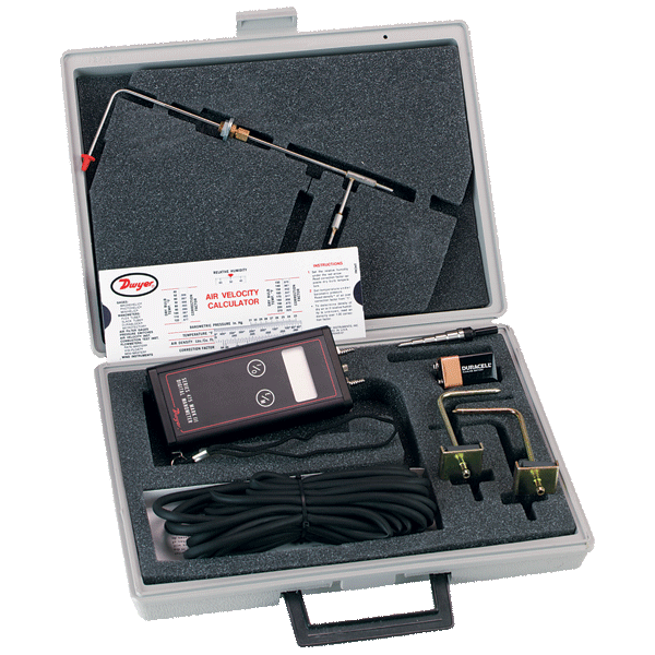 Kit de velocidad de aire, rango de 0-4.000" columna de agua (0.996 kPa), presión máxima de 5 psig, el kit incluye puntas de presión estática, manguera de goma, tubo de Pitot, taladro a pasos, tabla de cálculo de velocidad de aire y estuche de transporte.
