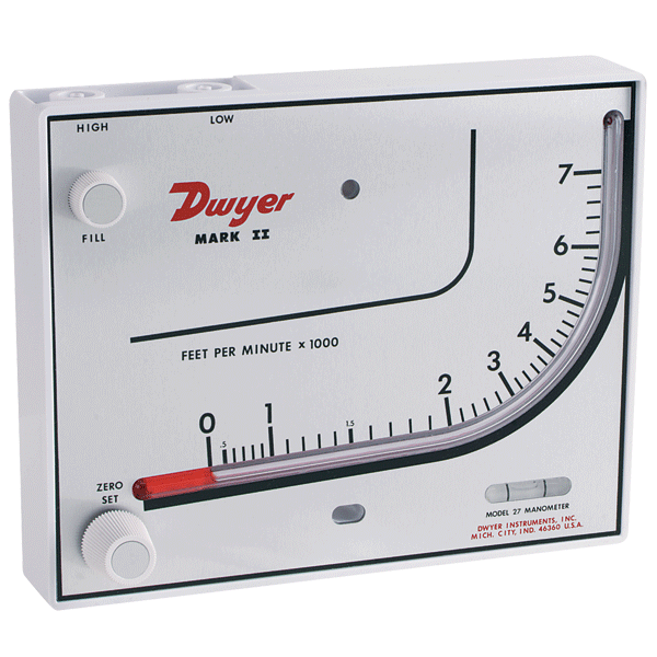 Molded plastic manometer, range 0-260 Pa & 0-21 mps, red fluid, .826 sp. gr., requires Pitot tube (*sold separately), with NIST Calibration certificate.