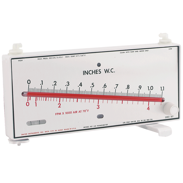 Molded plastic manometer, range 0-2.5" w.c. & 0-6300 fpm, blue fluid, 1.91 sp. gr., requires Pitot tube (*sold separately), with NIST Calibration certificate.