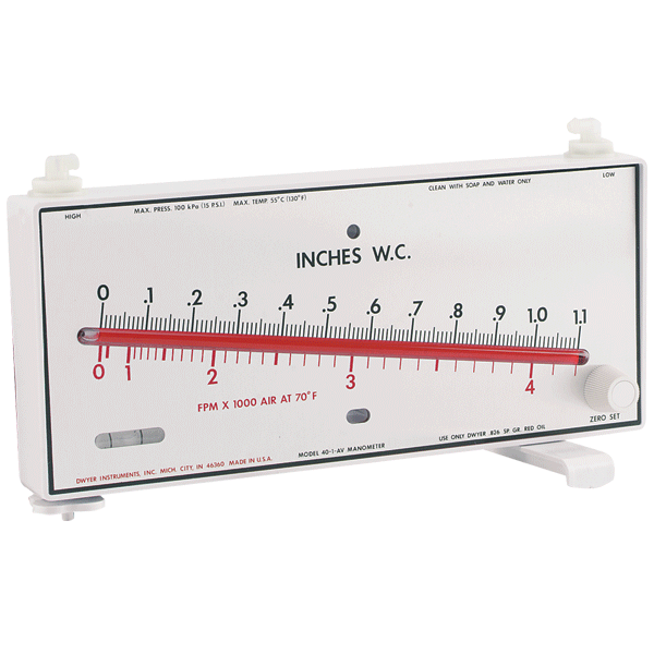 Manómetro de plástico moldeado, rango de 0-7000 fpm, aceite rojo, peso específico de 0.826, requiere tubo de Pitot vendido por separado.