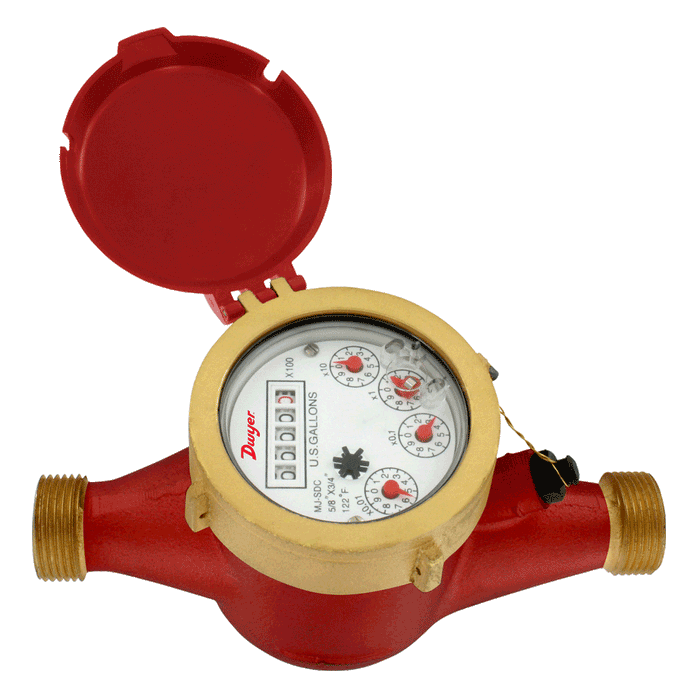 Multi-Jet hot water meter, 3/4" short length pipe size, 100 gal pulse output.