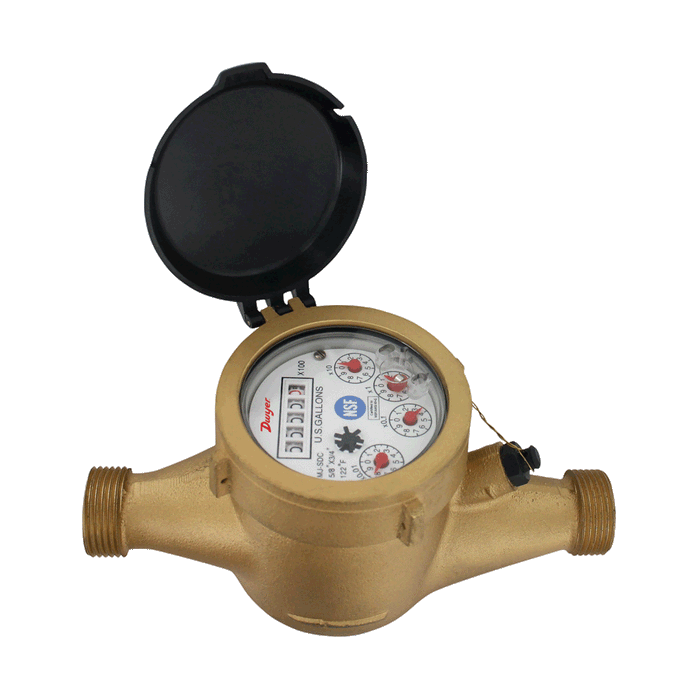 Multi-Jet water meter, 5/8" x 1/2" pipe size, NSF Certified, brass body with 1 gal pulse output.