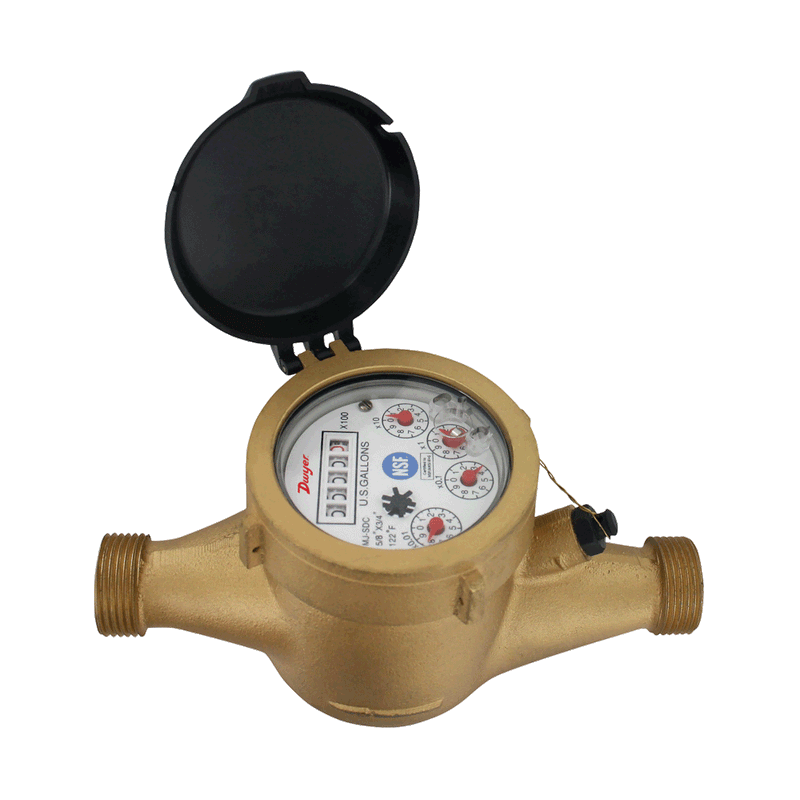 Multi-Jet water meter, 3/4" x 1" pipe size, NSF Certified, brass body with 0.1 gal pulse output.