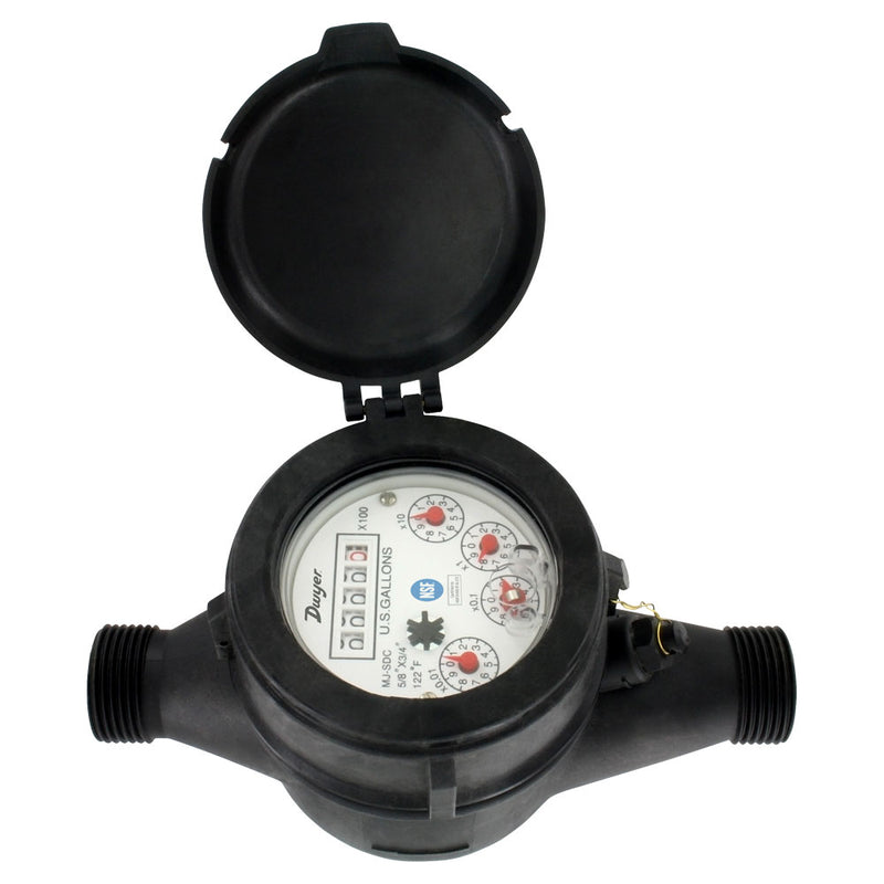 Multi-Jet plastic water meter with NSF Approval, 5/8" X 3/4" pipe size with 1 gallon pulse output