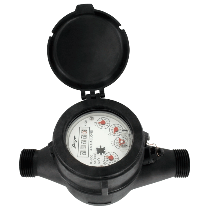 Medidor de agua multichorro de plástico, tamaño de tubería de 1-1/2" con salida de pulsos de 10 gal.