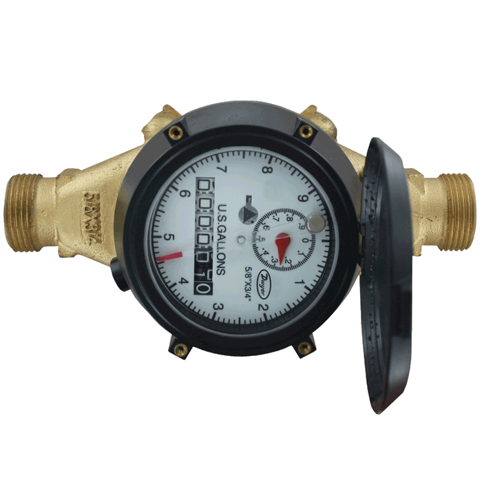 Multi-jet water meter with removable bottom, 3/4" pipe size, 10 gal output.