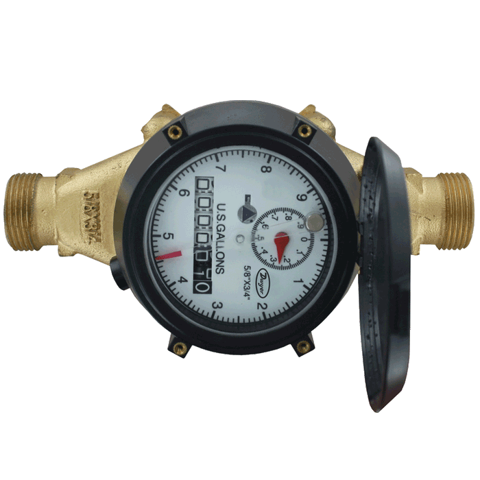 Multi-jet water meter with removable bottom, 5/8" x 3/4" pipe size, 10 gal output.