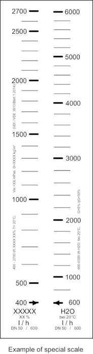 Special scale for type 335/350, % for / H2O, d: 50(mm), DN: 40(mm), Size: 1 1?2(inch), Scale range: 10-100 %(l?h), Corresponds to water scale: 600-6000(l?h)