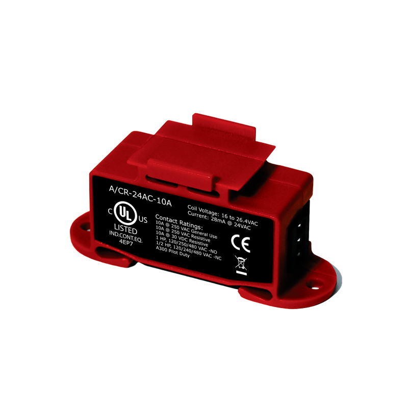 Command Relay, 24 VAC Nom. Coil Voltage, 250 VAC 30 VDC Max. Switch Voltage, 10A Max. Switch Current, SPDT Contact, Red