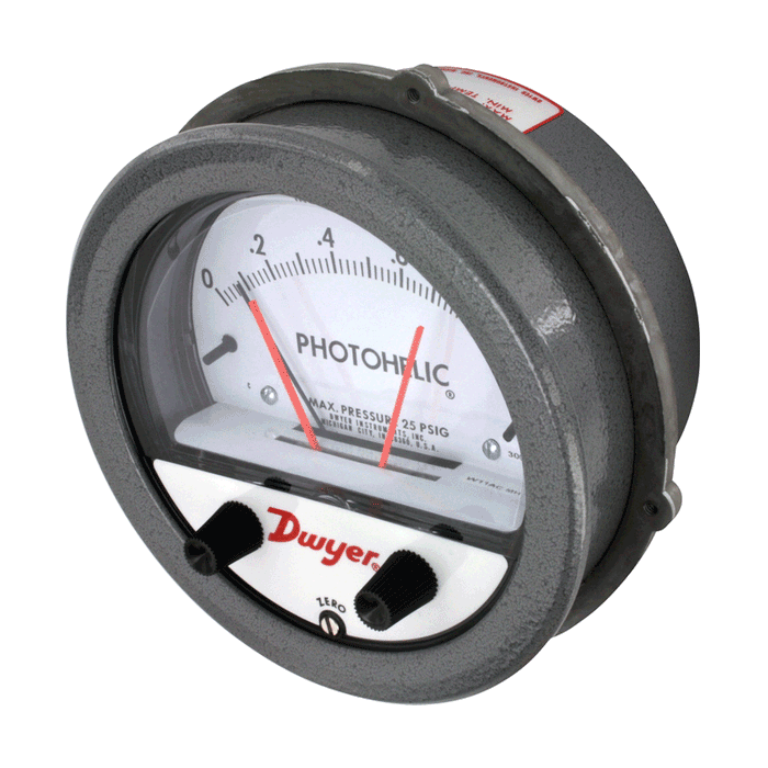 Medidor/interruptor de presión, rango de 0-0.5" columna de agua, divisiones menores de 0.01.