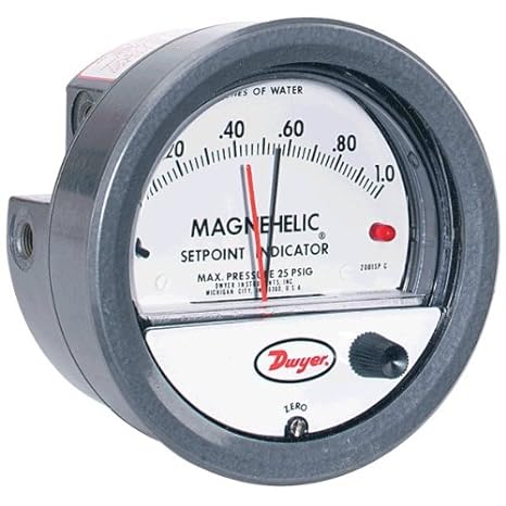 Medidor de presión diferencial, rango de 0-0.50" columna de agua, con indicador de punto de ajuste.
