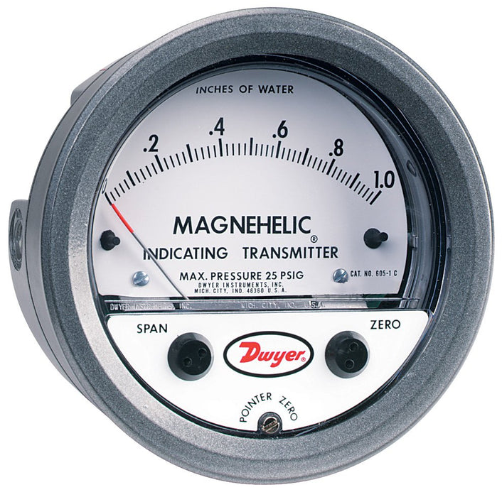 Transmisor indicador de presión diferencial, rango de 0.05-0-0.20" columna de agua, presión máxima de 25 psi (1.7 bar), ±2% de exactitud eléctrica, ±4% de exactitud mecánica.