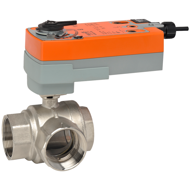 B332L+AFRXUP-S - Valvula de Bola Belimo, 3 Vías, 1 1/4in, On/Off, 24Vac, 24Vdc, 120Vac, 240Vac, 120Vdc
