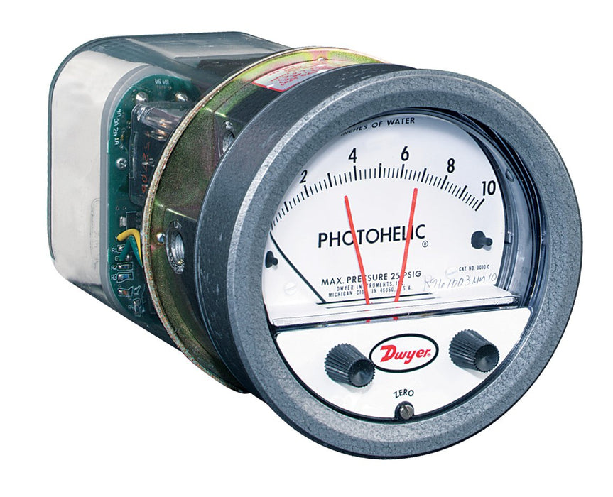 Medidor/interruptor de presión, rango de 1-0.25" columna de agua/300-2000 FPM. Nota: Requiere tubo de Pitot.