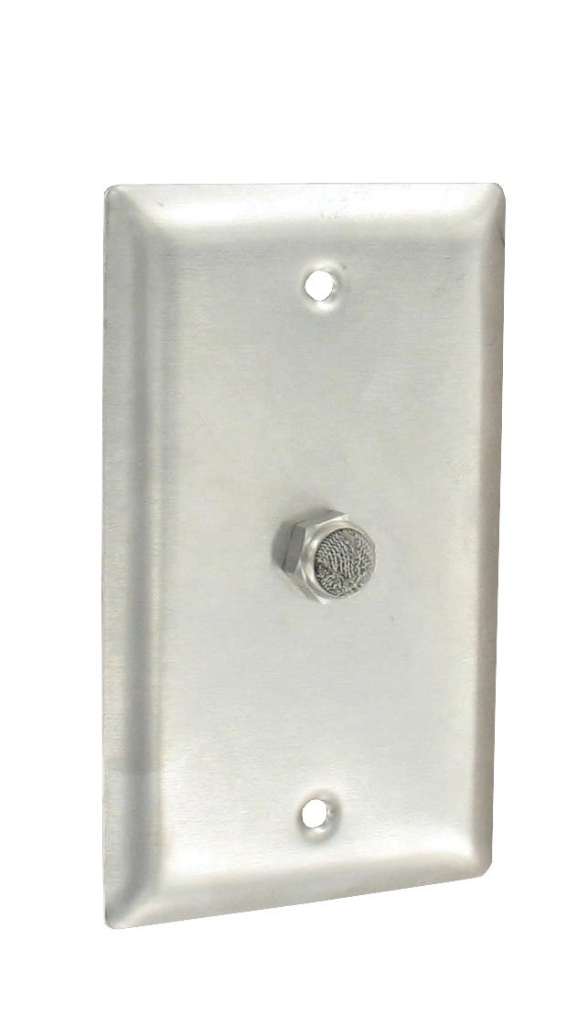 Colector de presión estática. Para uso en salas limpias, un filtro de 60 micras colecta la presión estática. La placa de acero inoxidable para pared cabe en una caja eléctrica de 2" x 4". Sellado con junta de espuma, tornillos incluidos. Conector arponad