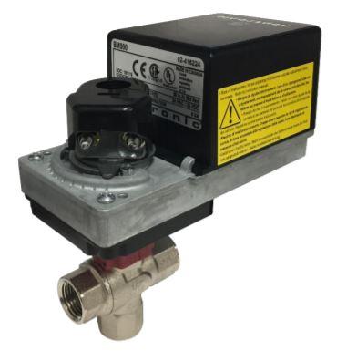 Válvula c/Actuador, 1in, Bola, 3 Vías, NPT, CV 10.0, 24Vac, 30Vdc, Con Ret Resorte, On/Off, Flotante, 90-110seg