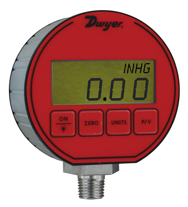 Medidor de presión digital, unidades de ingeniería elegibles: 200.0 psi, 14.06 kg/cm², 13.79 bar, 407.2" Hg, 461.4 ft columna de agua, 1379 kPa, 3200 oz/in², 5536" columna de agua.