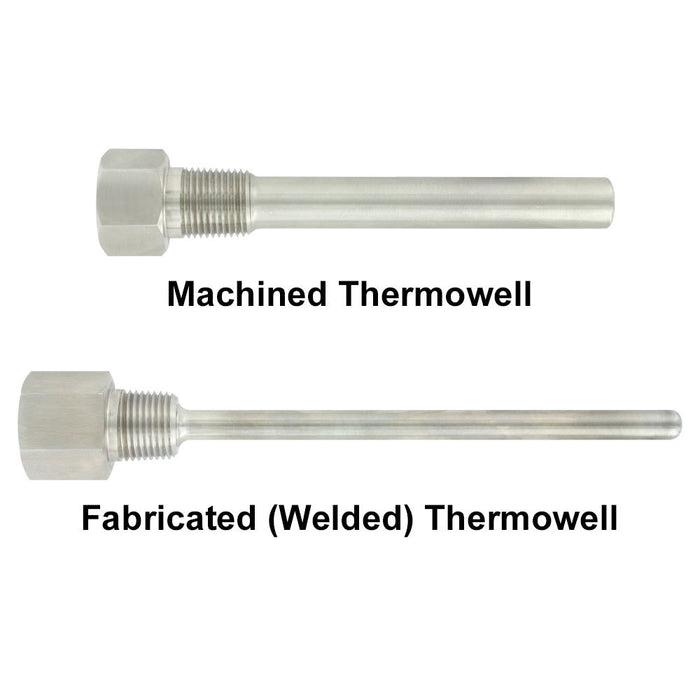 Termopozo de 9" de longitud con conexion de rosca NPT interna de 1/2" y externa de 3/4", de acero inoxidable 304.